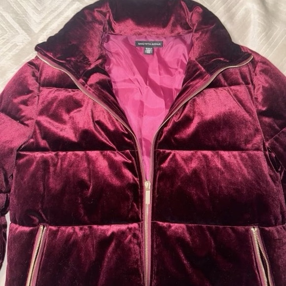 SAKS FIFTH AVENUE BLACK LABEL Burgundy Velvet Full Zip Puff Jacket Zip Pockets L - Picture 2 of 10